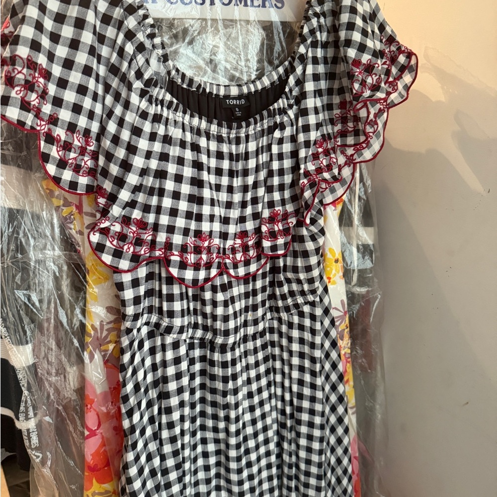 Torrid Black and White Gingham Dress with Red Embroidery